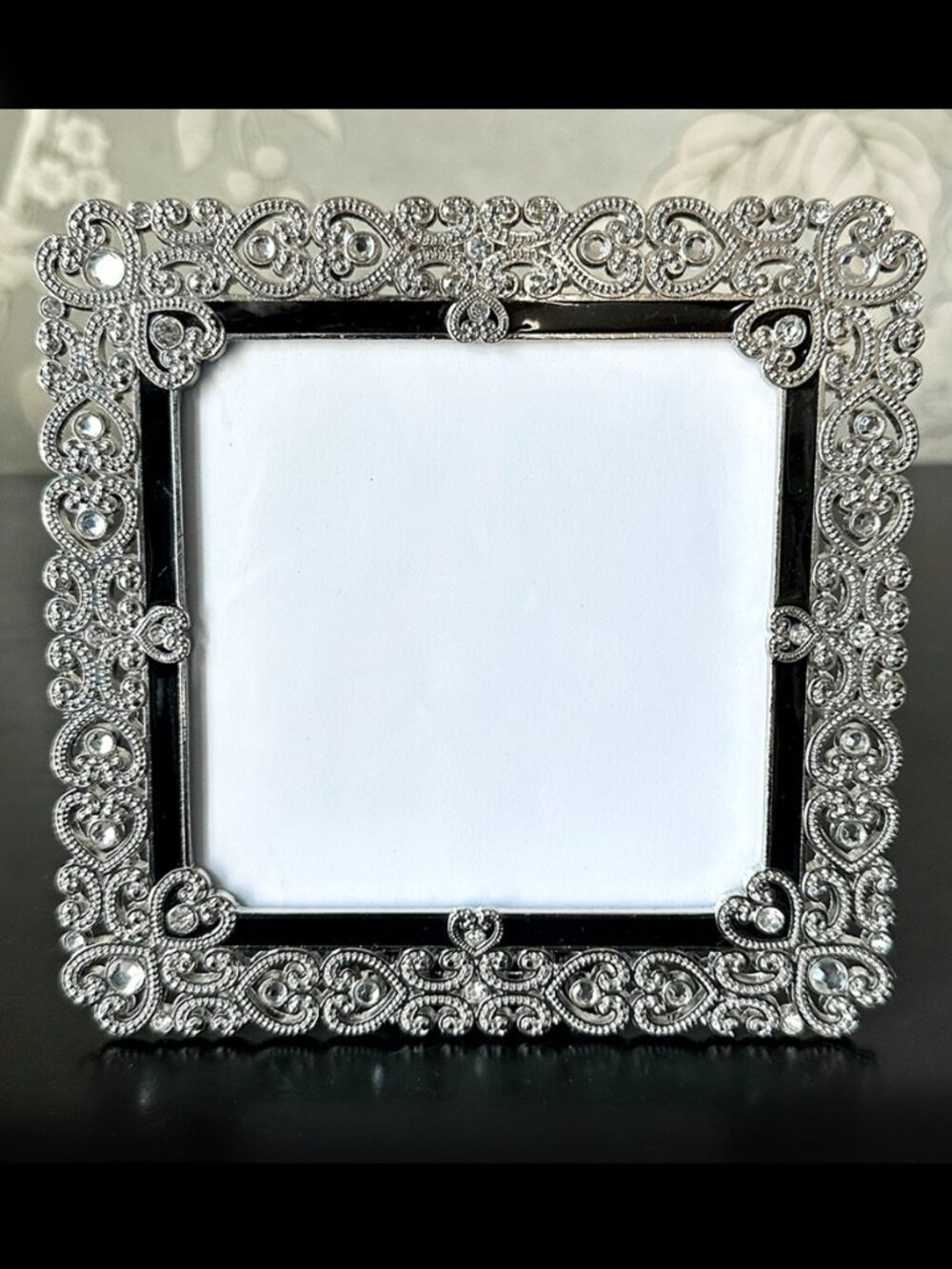 Ornate Metal Picture Frame with Crystals & Heart Design for Square Photo